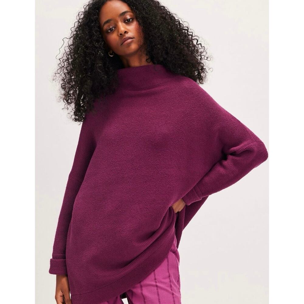 Free People Ottoman Slouchy Tunic Sweater Plum Mock Neck Oversized S
